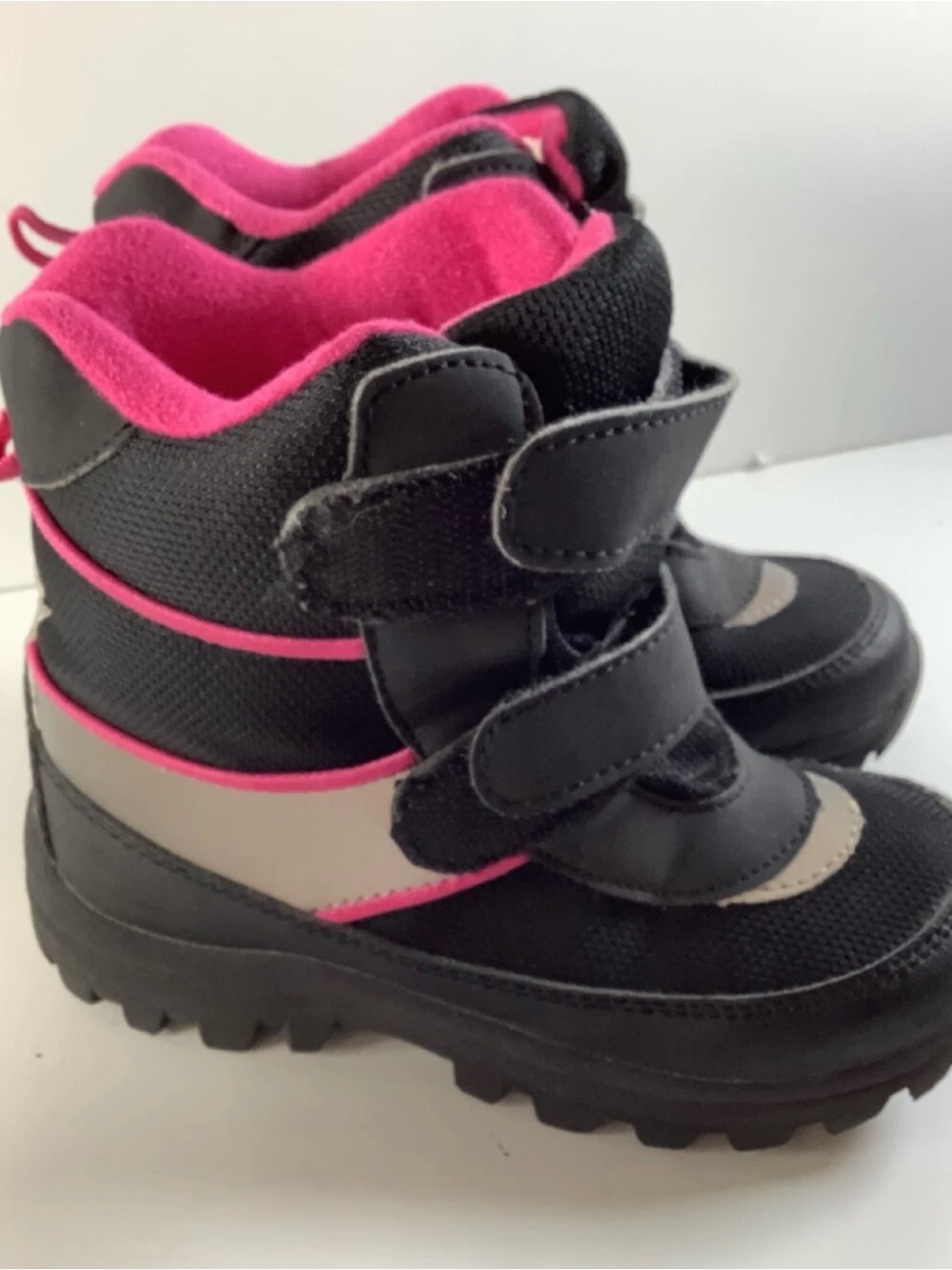 H&M Black and Pink Kids Snow Boots with Double Hook-and-Loop Straps - Size 11.5